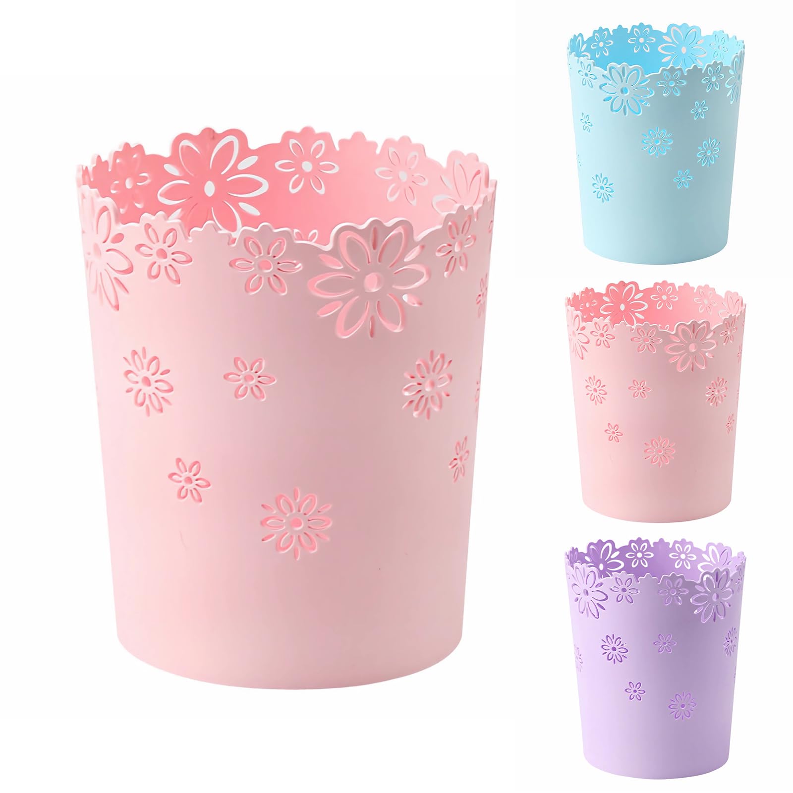 Mini Wastebasket Small Trashcan Room Decor Hollow Flower Shape Plastic Lidless Round Garbage Container Bin for Bathroom, Kitchen, Bedroom, Home Office, College Dormitory