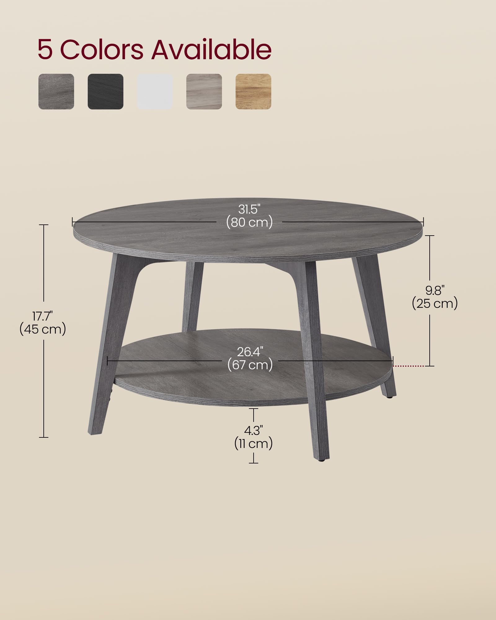 Round Coffee Table, 2 Tier Coffee Table with Storage, for Living Room, 31.5 x 17.7 Inches, Easy to Assemble