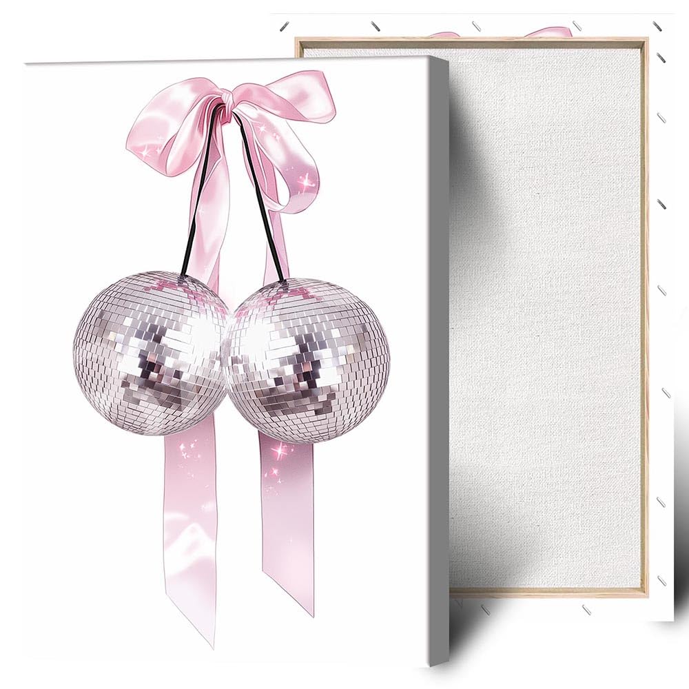 Trendy Pink Bow Disco Ball Posters White Cherry Canvas Wall Art Funky Coquette Bow Ribbon Preppy Aesthetic Prints Painting
