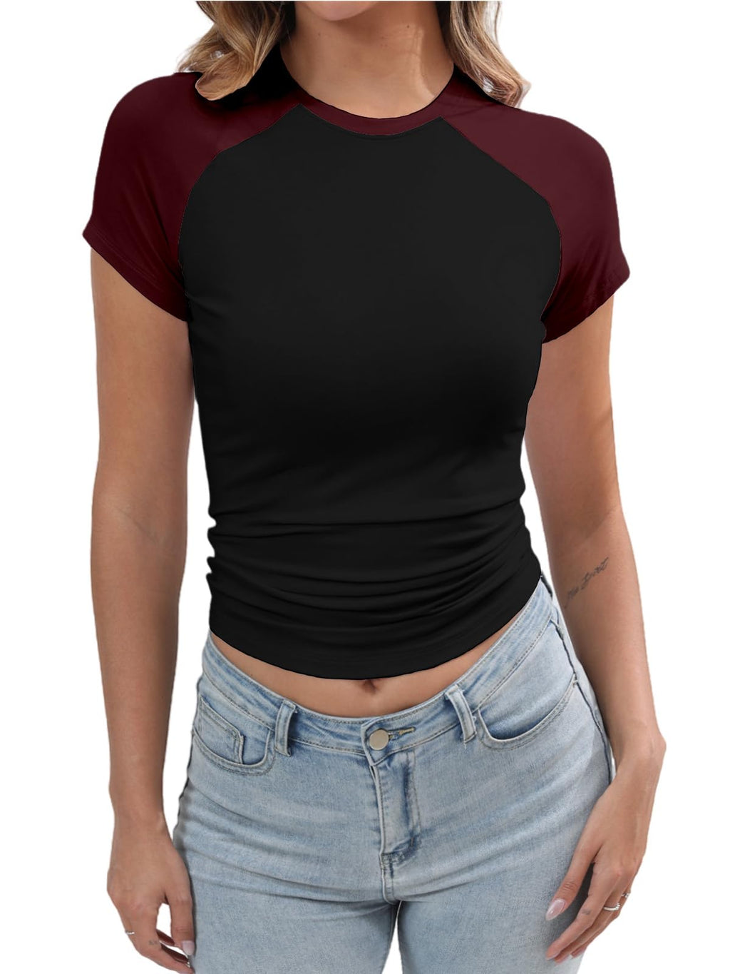 Women's Y2K Basic Shirts Short Sleeve Crewneck Slim Fit Stretchy Slightly Crop Top