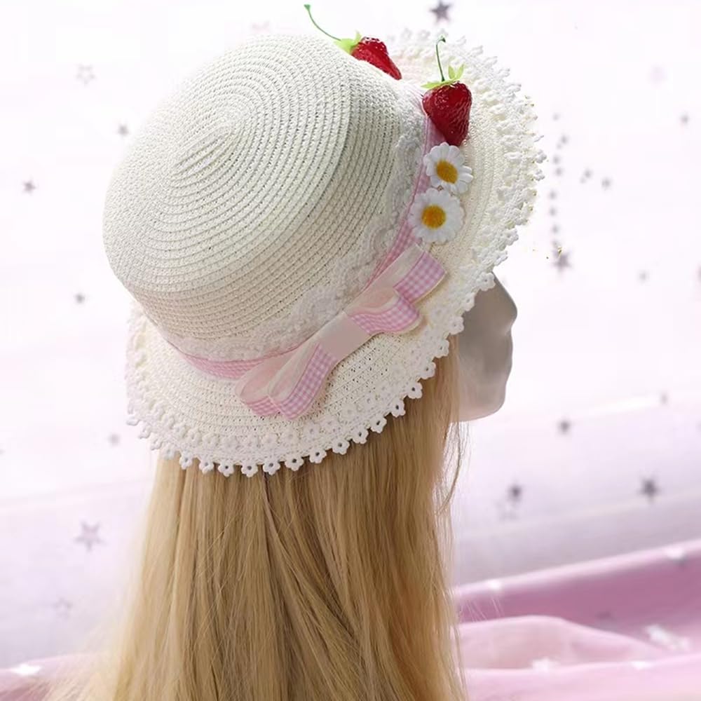 Lolita Strawberry Straw Hat for Women Teens Summer Outdoor Fashionable Wide Brim Beach Sun Hats UV Protection