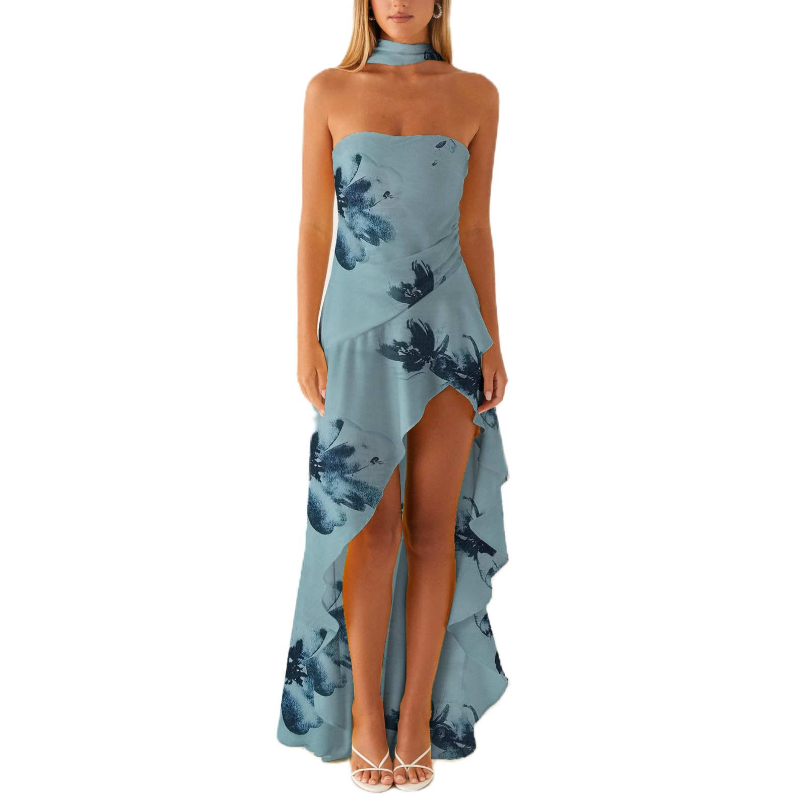 Women's Strapless Neck Scarf Floral Dresses Open Back Bodycon Long Dress Maxi Fitted Sundress