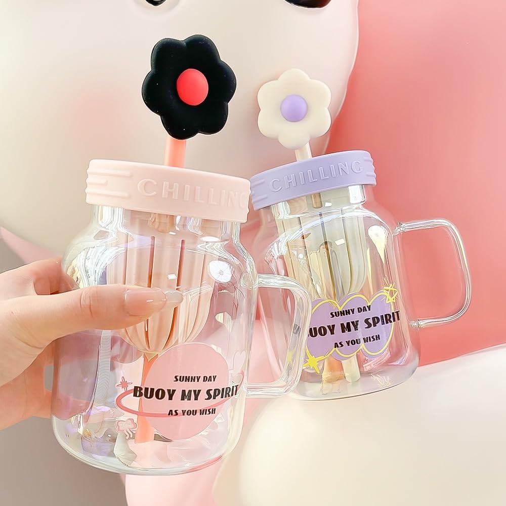 Cutecore Glass Mug with Flower Straw Lid and Handle 28.7oz | Floral Glass Cups Clear Mugs