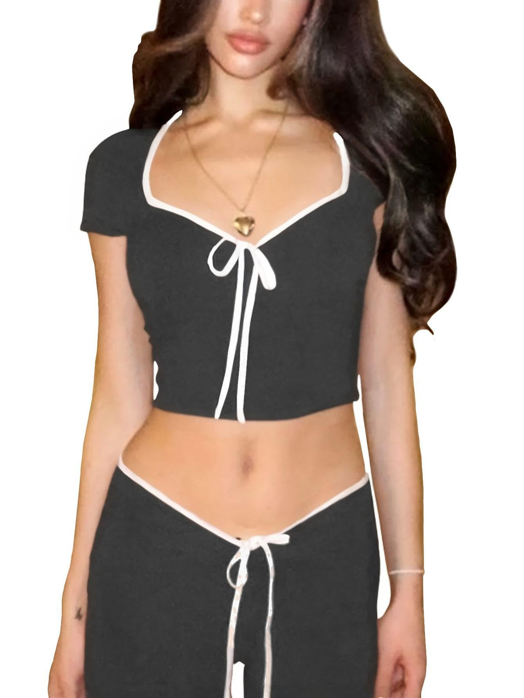 Womens Summer Short Sleeve Bow Square Neck Baby Tees Color Block Basic Crop Tops