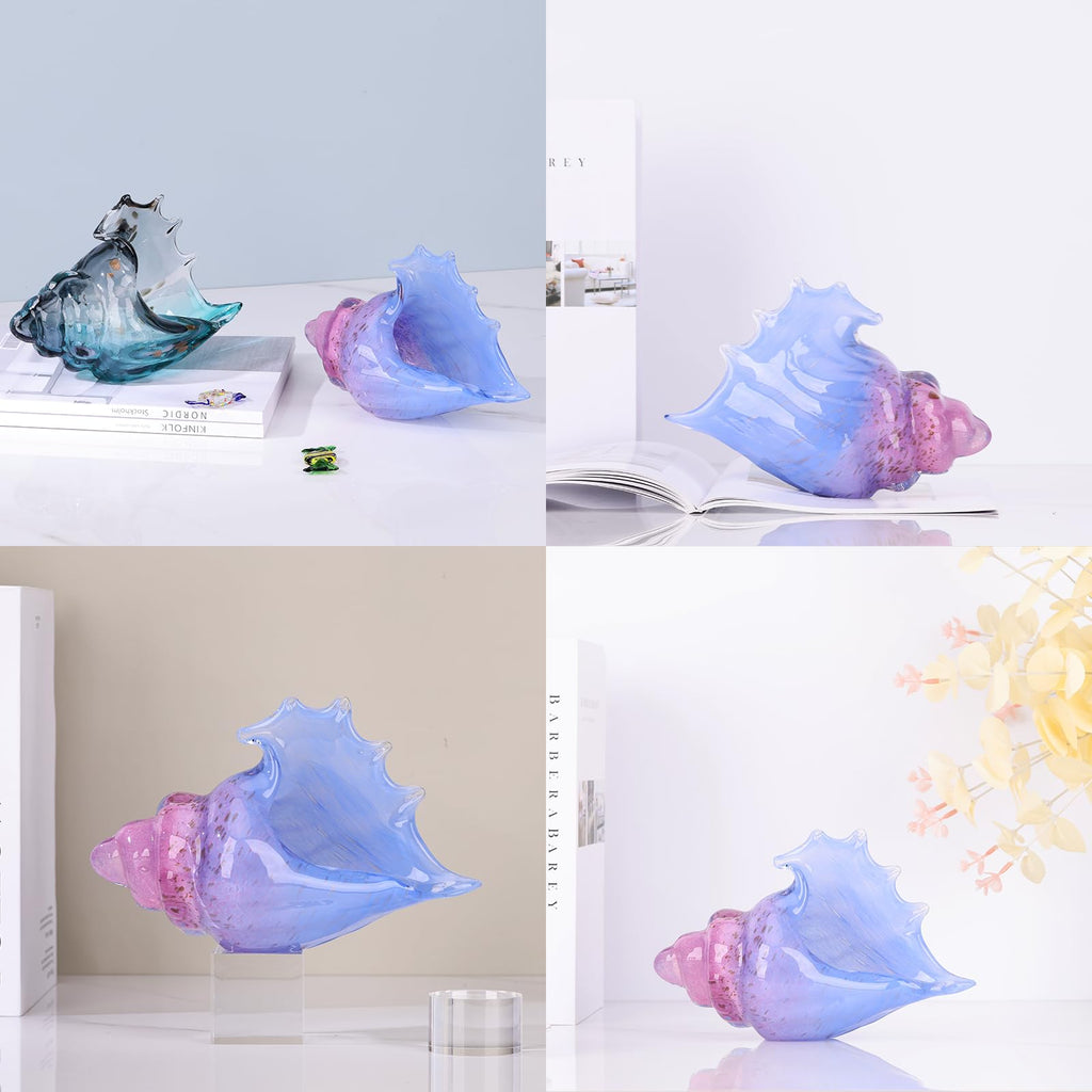 Hand Blown Glass Conch - Coastal Home Decor Conch Corners, Glass Art Conch Sculptures, Office Decor Blown Glass Art, Living Room Table Centerpieces, Bathroom Shelf Tops And Cabinet Decor
