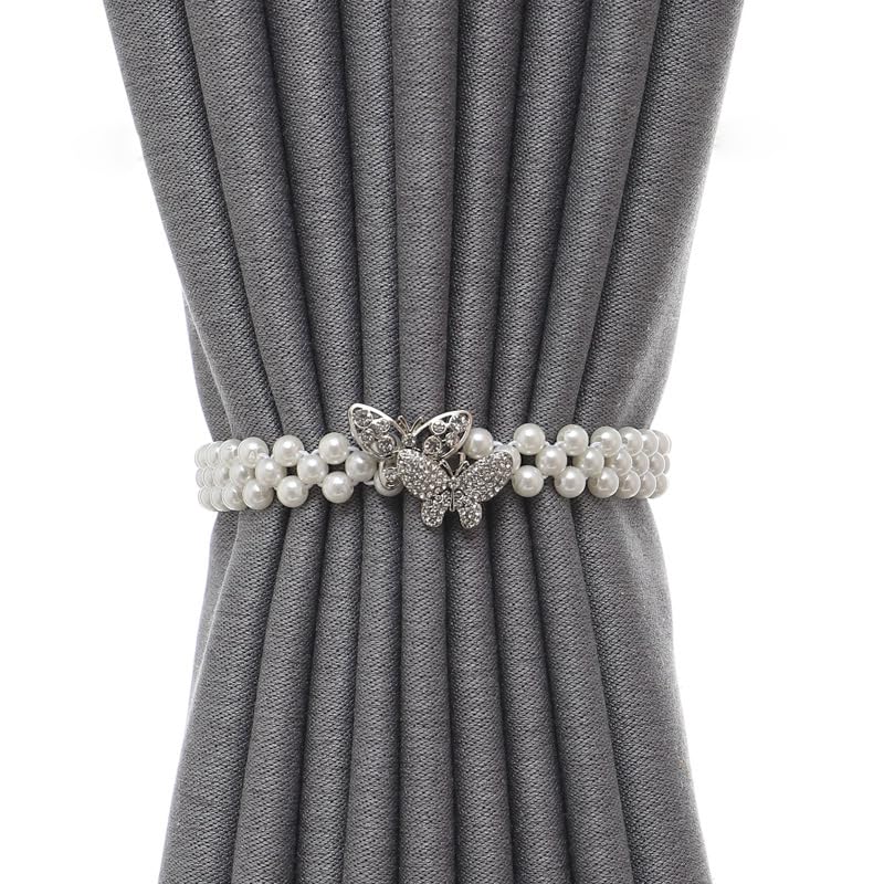 Pearl Bow Curtain Tiebacks, 2 Pack Curtain Ties Elegant Decorative Tie Backs Modern Pearl Tiebacks for Drapes Window Curtain Holdbacks for Draperies Accessories