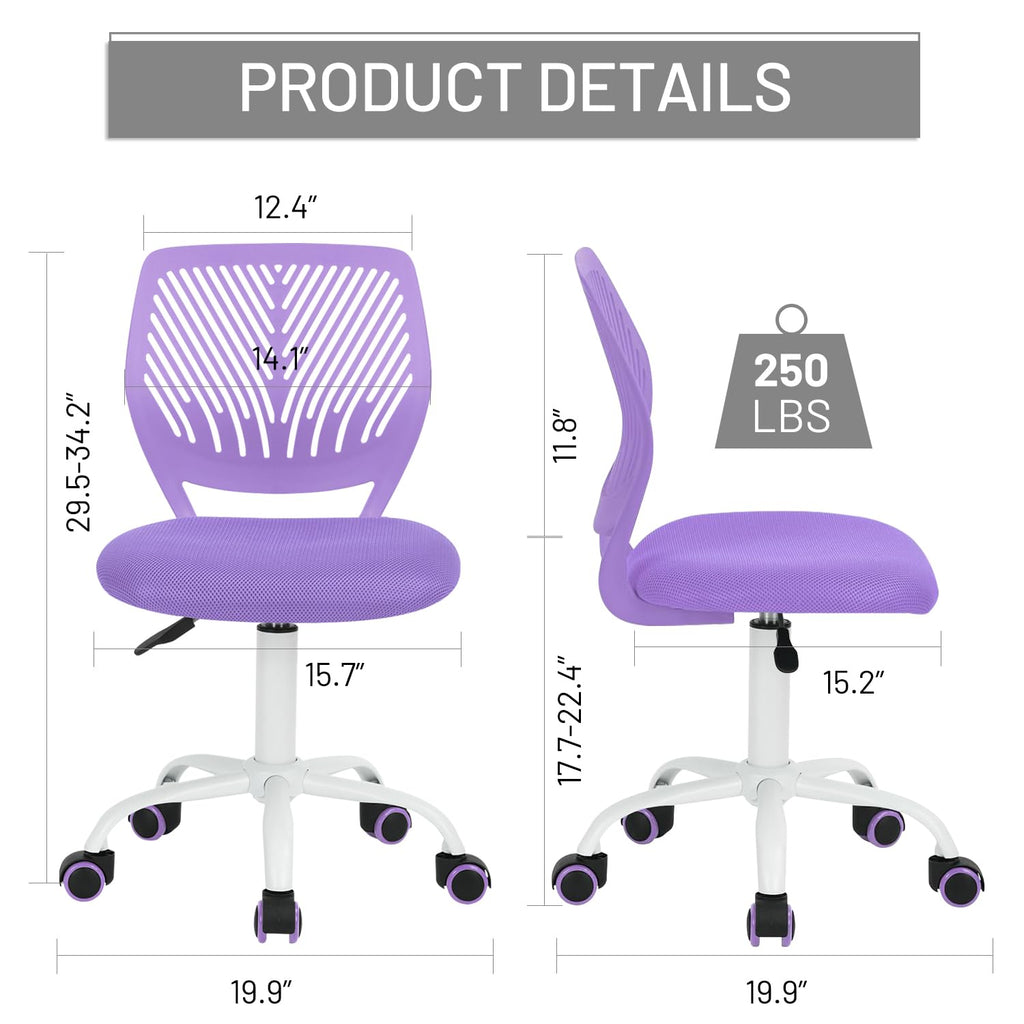 Study Desk Chair Armless Cute, Ergonomic Small Swivel Adjustable Rolling Lightweight Task Chair with Wheels and Mesh Padded Cushion