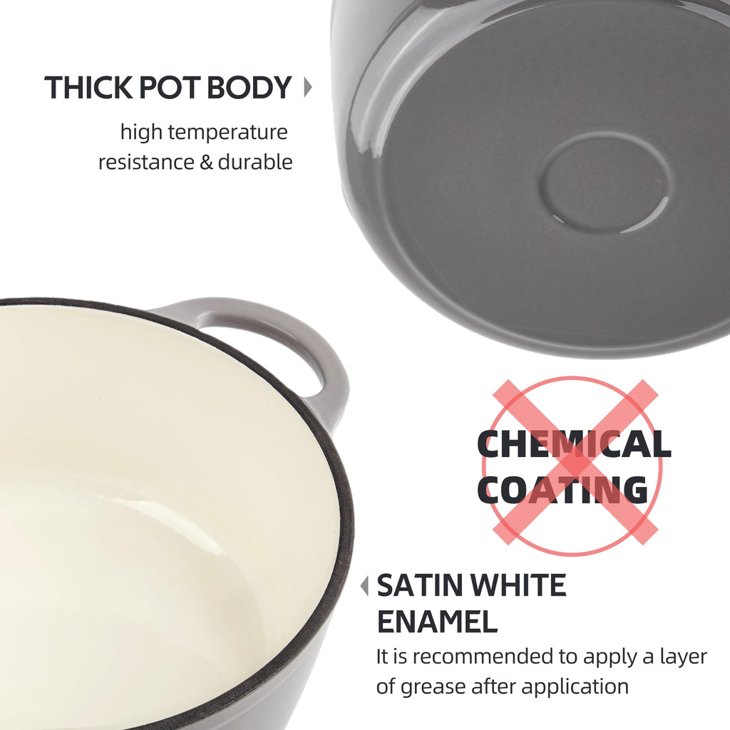 Enameled Cast Iron Dutch Oven with Lid - Big Dual Handles - Round Pot for Versatile Cooking 6 Quart