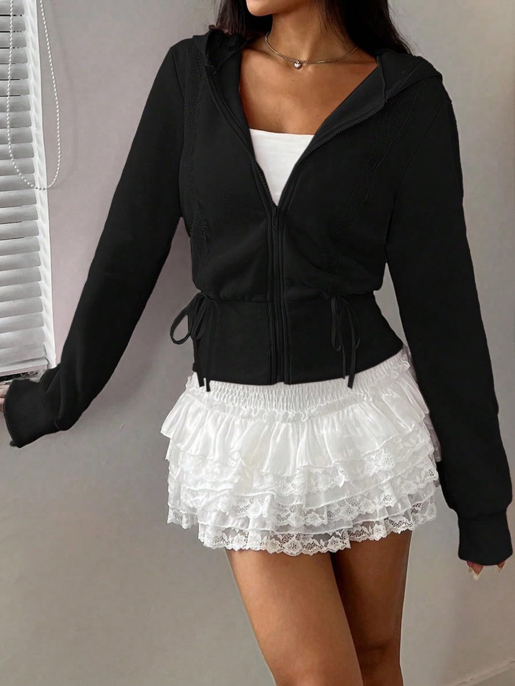 Women's Lace Patchwork Bow Zip-Up Crop Hoodie â€?Y2K Coquette Fleece Casual Hooded Sweatshirt