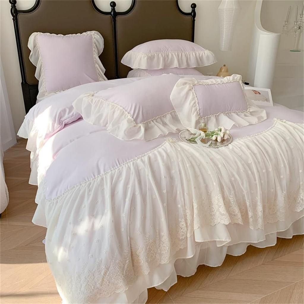 Lace Duvet Cover - Chiffon Ruffled Beddding Set with Flower, 3 Pieces Comforter Cover Set with Zipper Closure and Pillowcase