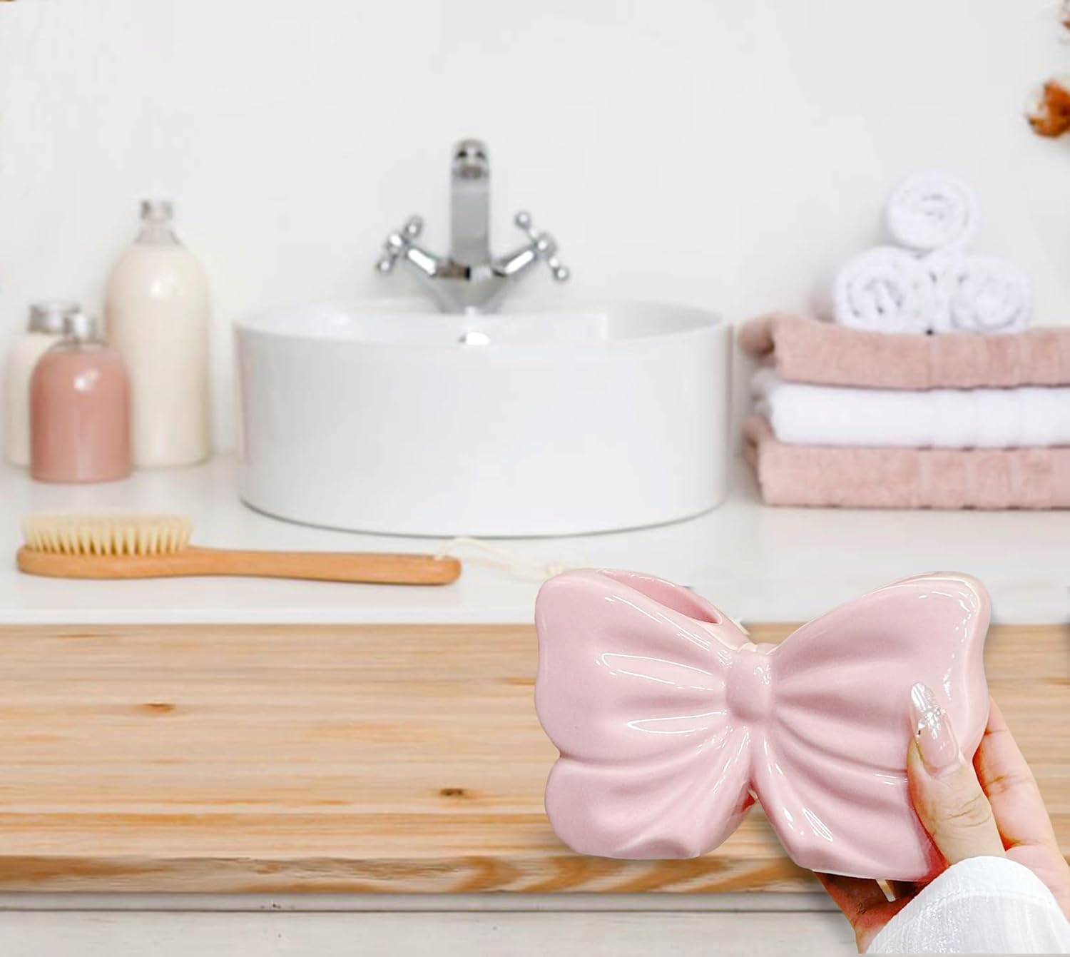 Toothbrush Holders for Bathrooms, Cute Ceramic Toothbrush Organizer and Toothpaste Holder/Toothbrush Stand Bow Pink Toothbrush Holder