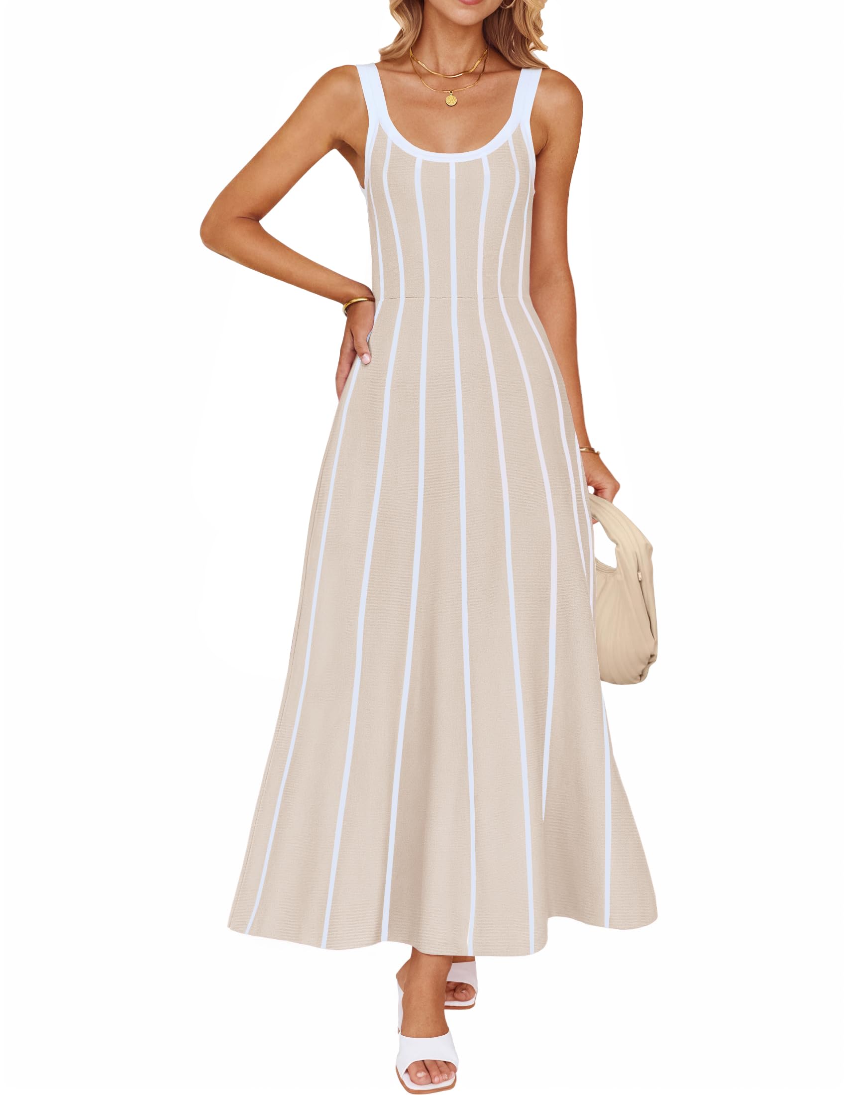 Wome's Summer Sleeveless Striped Midi Dress 2025 Knit Casual Elegant A Line Swing Long Dresses