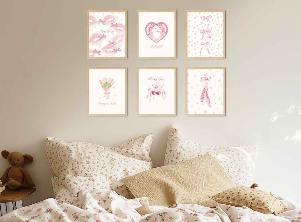 TwoDays Coquette Room Decor Aesthetic, Pastel Pink Bows Posters for Girls Bedroom, Balletcore Wall Art, Girly Kawaii Dollette Prints for Dorm.(8" X 10", Set of 6, UNFRAMED)