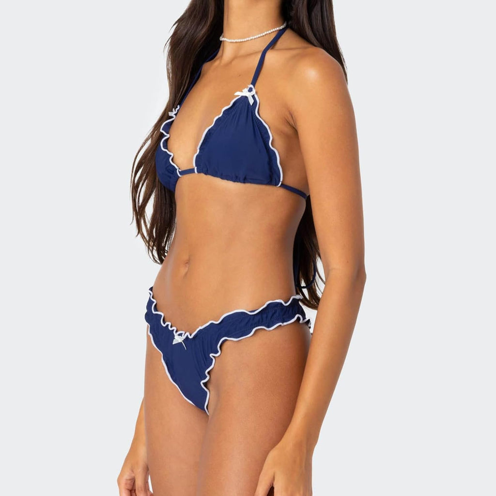 Women Cute Bikini Set Lettuce Trim Halter Neck Tie Up Bikini Top Triangle Set 2 Pieces Coquette Bathing Suit