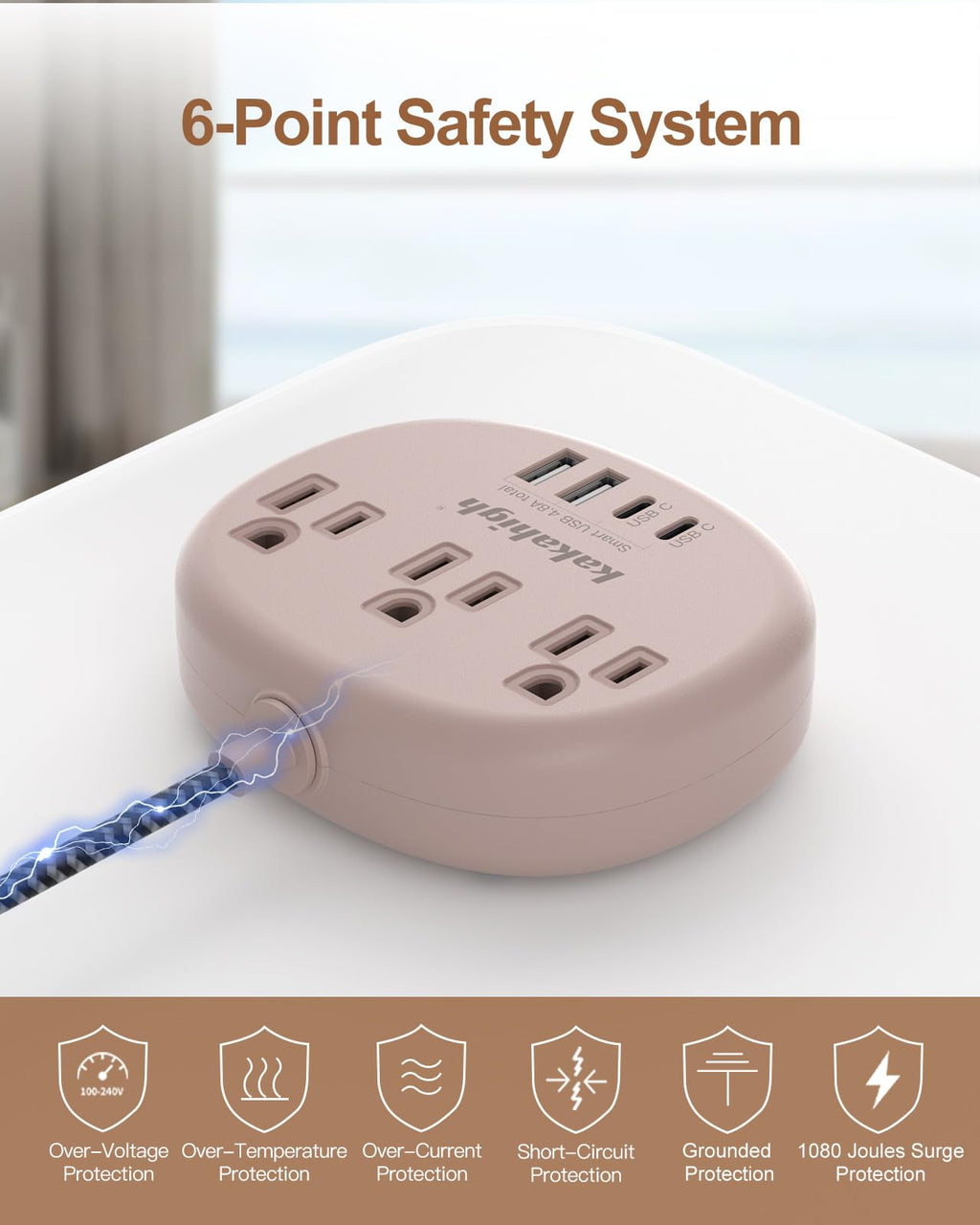 Cute Surge Protector â€?5FT Flat Extension Cord, 3 Outlets, 4 USB Ports (24W)