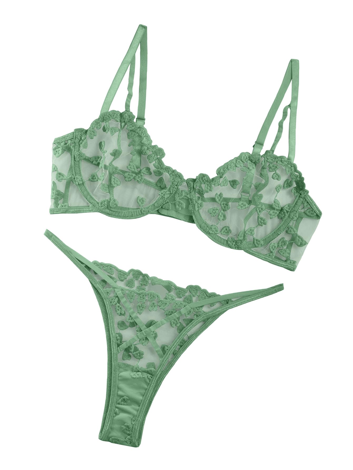 Sexy Embroidered Mesh Lingerie Set â€?Sheer Strappy Push-Up Bra & Panty