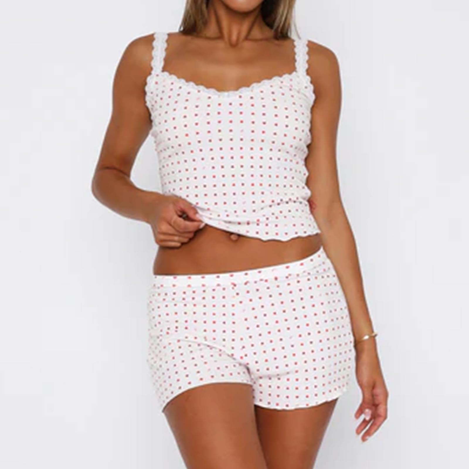 Women Sexy 2 Piece Pajama Set Sleeveless Lace Trim Crop Cami Top and Shorts Pj Set Y2K Sleepwear Lounge Outfits