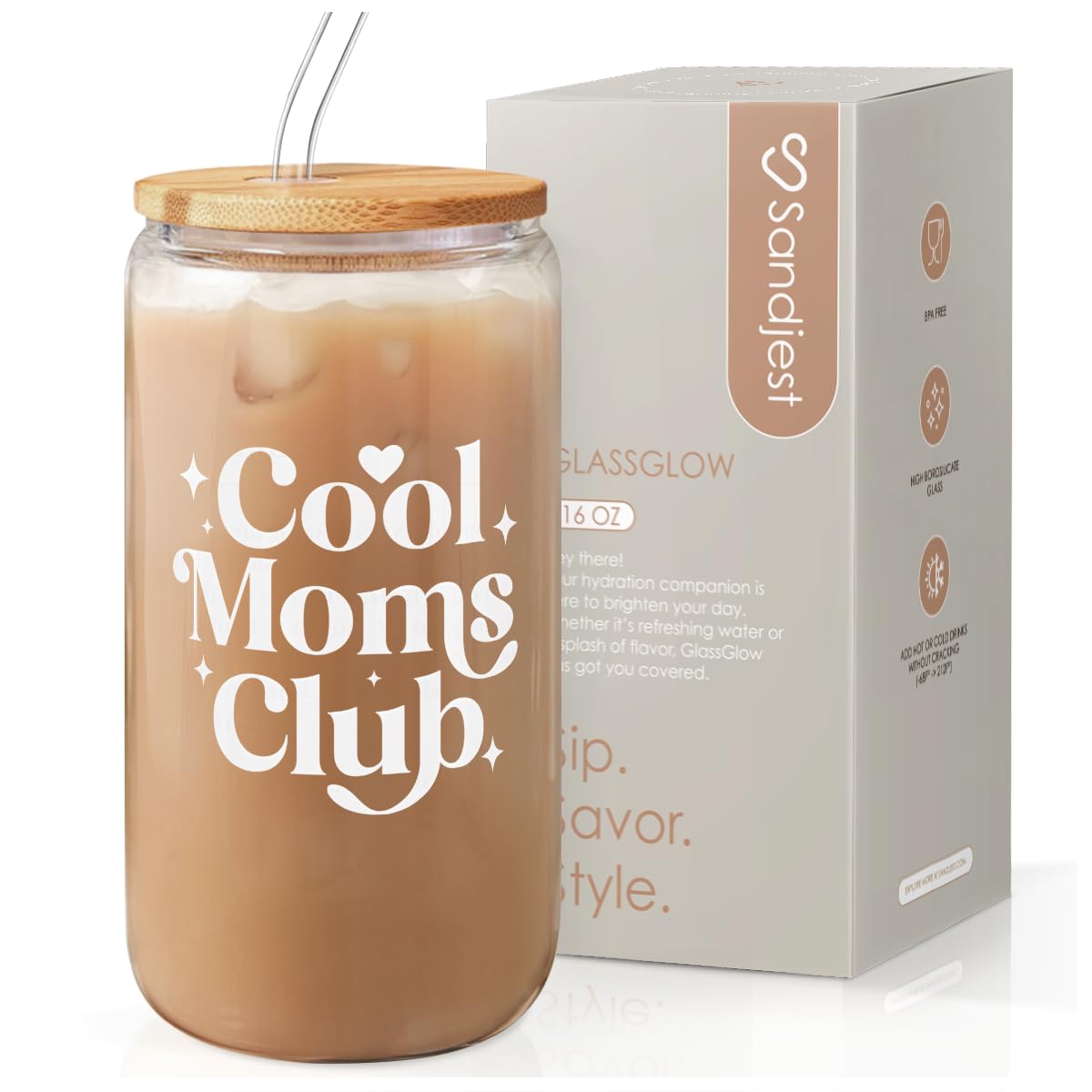 Glass Cup with Lid & Straw, Iced Coffee Aesthetic Glass Can, 16oz