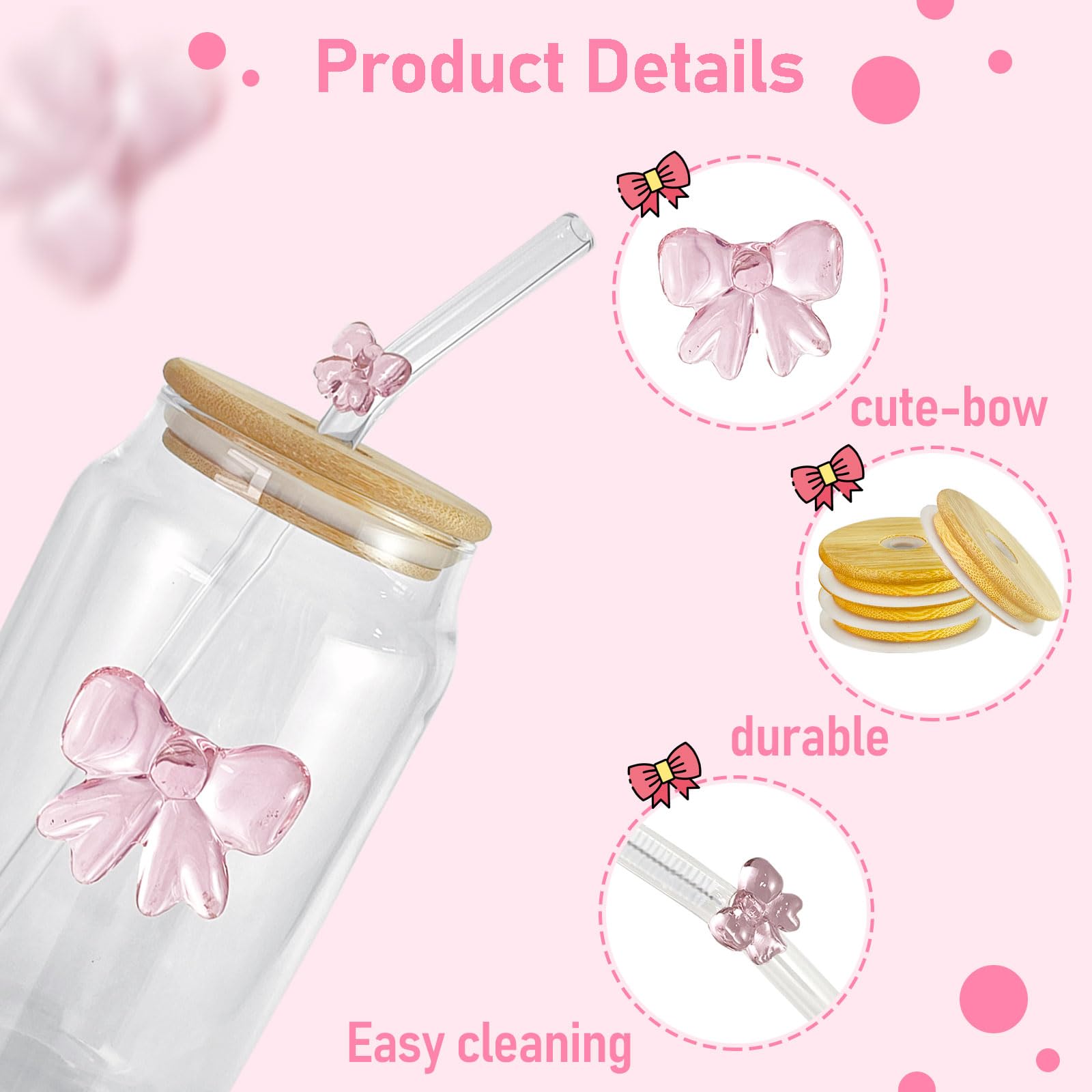 Coquette Aesthetic 3D Pink Bow Glass Cup with Bamboo Lid & Straw,16oz Cute Glass Cups with Lids and Straws,Bow Tumbler for Iced Coffee/Matcha, with１Cleaning Brush