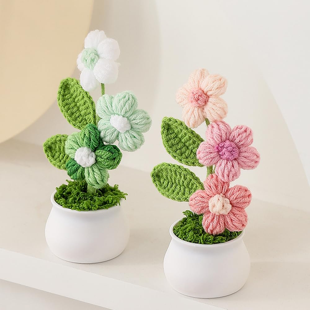 Knitting Crochet Puff Flowers Potted Plants, Gradient Colorful Flowers for Friends, Family and Lover, Handmade Flowers for Home Office Decoration