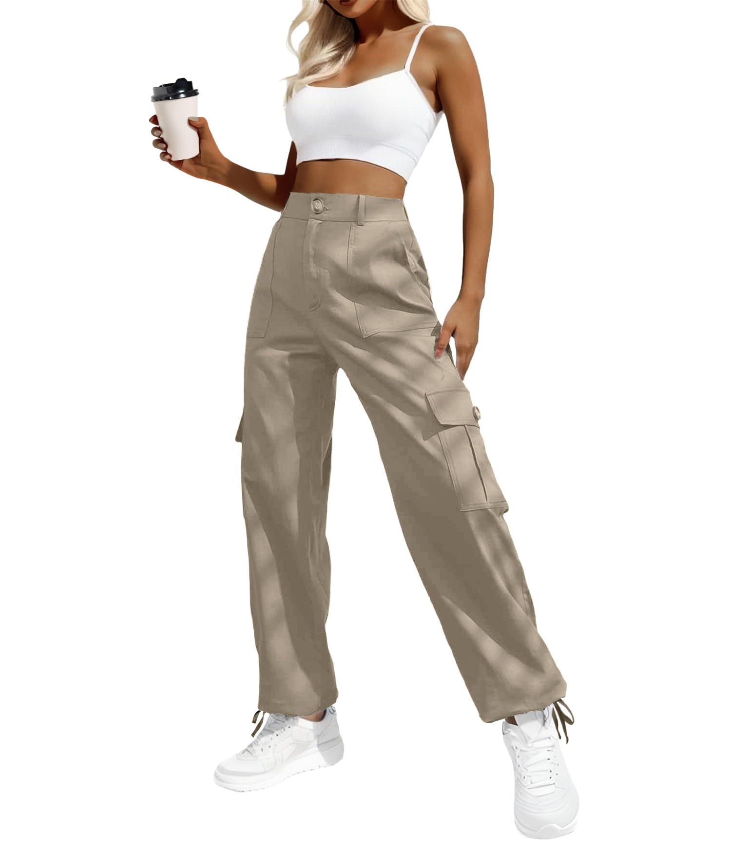Women's High-Waisted Cargo Pants â€?Y2K Streetwear Baggy with 6 Pockets & Drawstring Cuffs