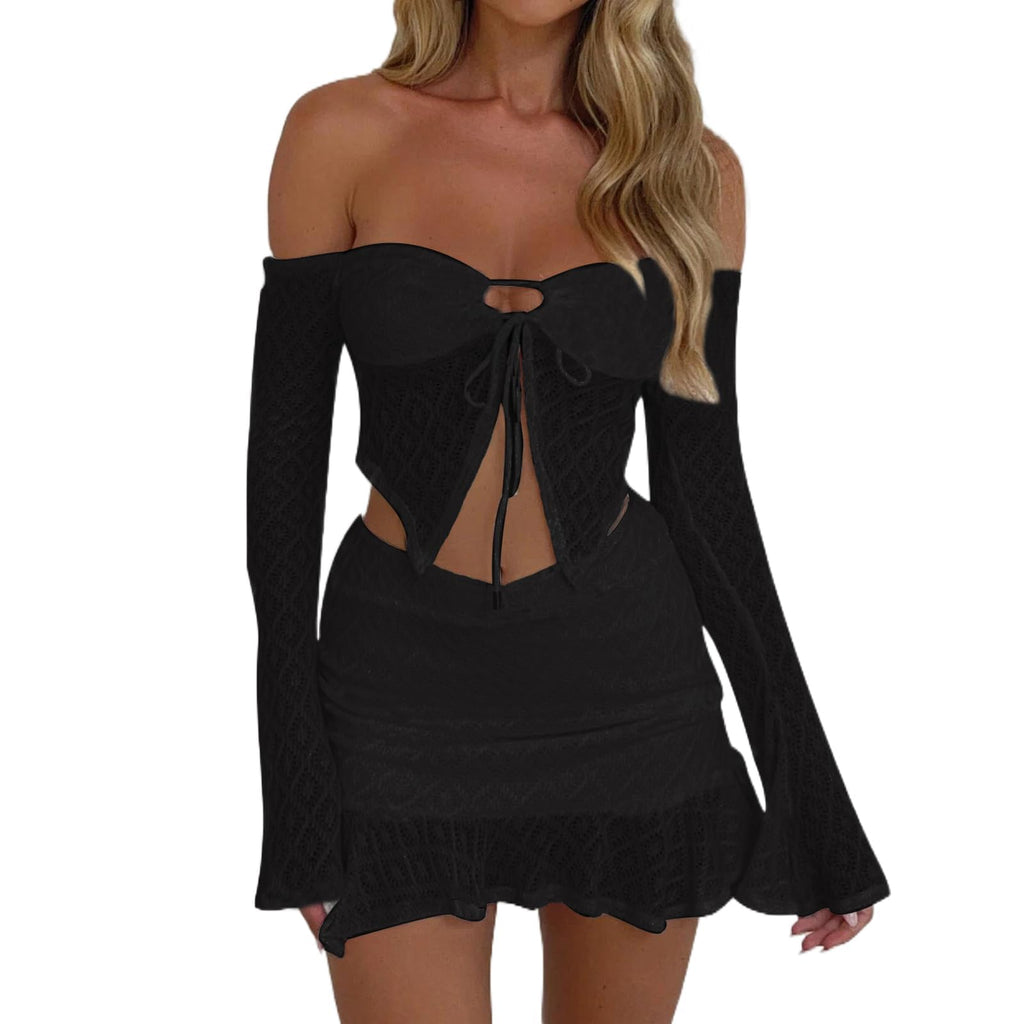 Women Y2k Ruffle 2 Piece Skirt Set Sexy Lace Mesh Crop Top and Mini Skirt Set Outfits
