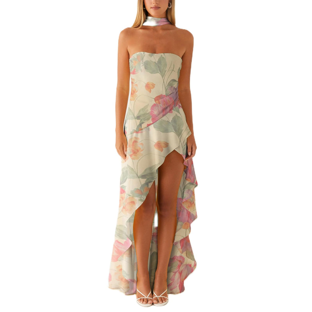 Women's Strapless Neck Scarf Floral Dresses Open Back Bodycon Long Dress Maxi Fitted Sundress