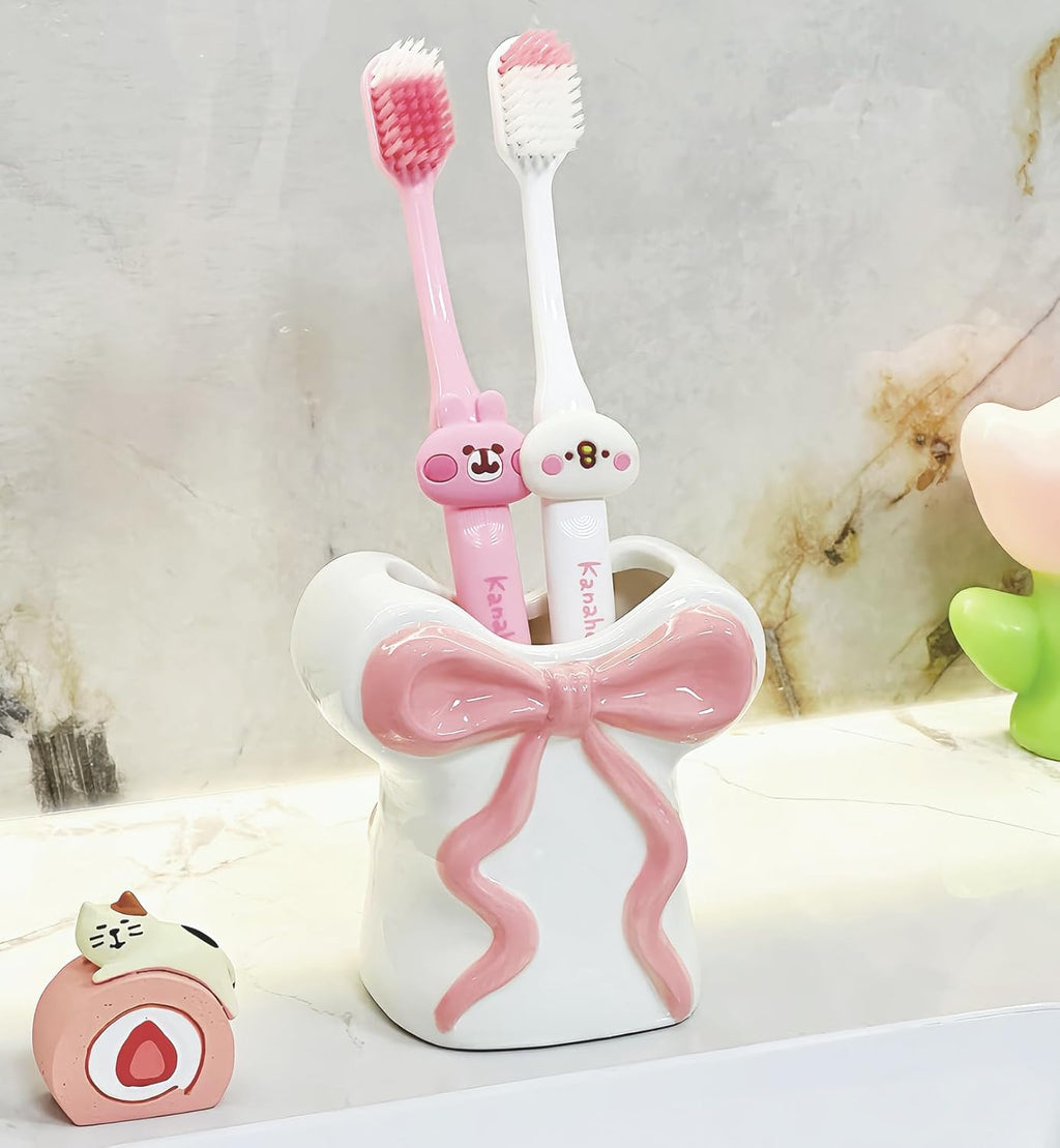Cute White Ceramic Bow Toothbrush Holder - Bathroom Countertop Organizer with Pink Bow, Personalized Countertop Decor Accessories