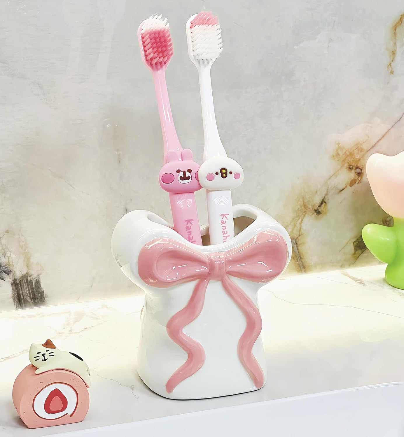 Cute White Ceramic Bow Toothbrush Holder - Bathroom Countertop Organizer with Pink Bow, Personalized Countertop Decor Accessories