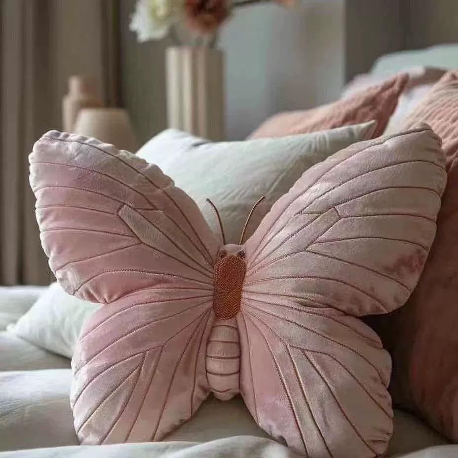 Butterfly Throw Pillow, Pink Butterfly-Shaped Glitter Velvet Stuffed Cushion Shiny Spring Decorative Animal Pillow for Couch Living Room Bed (11.8"x11.8")