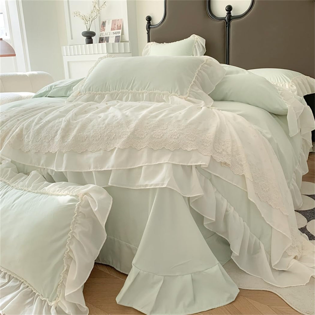 Lace Duvet Cover - Chiffon Ruffled Beddding Set with Flower, 3 Pieces Comforter Cover Set with Zipper Closure and Pillowcase