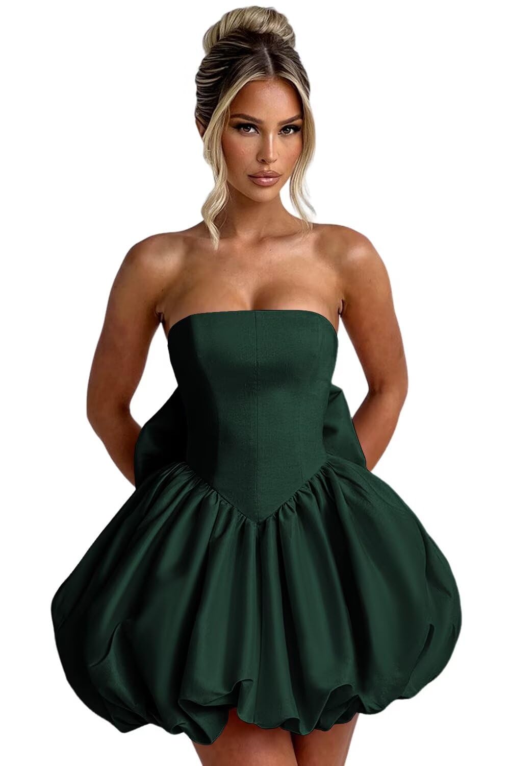 Satin Bubble Dress with Pockets Strapless Detachable Bow Short Ball Gowns A Line