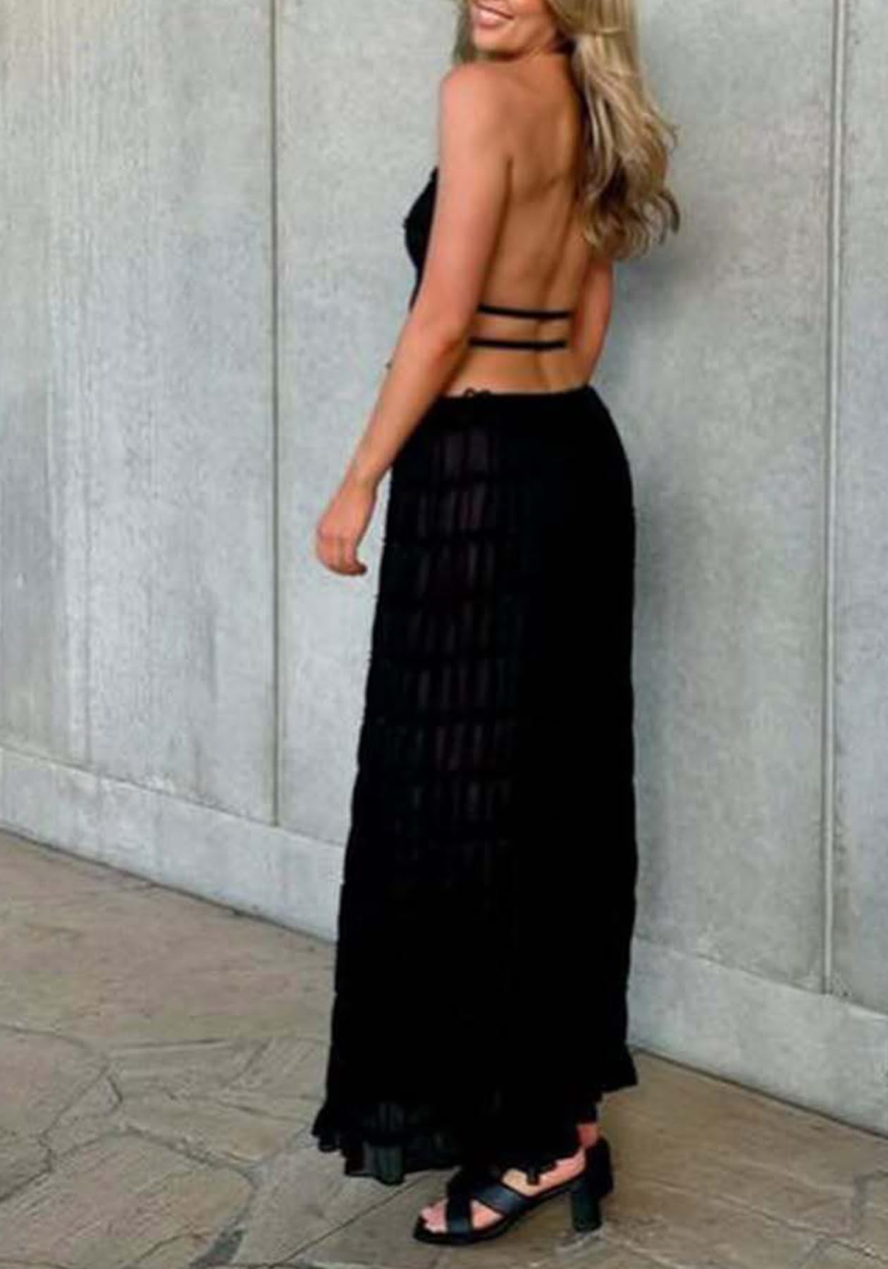 Skirt Sets Women 2 Piece Outfits Backless Halter Top And Pleated Ruffle Flowy Maxi Skirts Y2k Beach Vacation Set