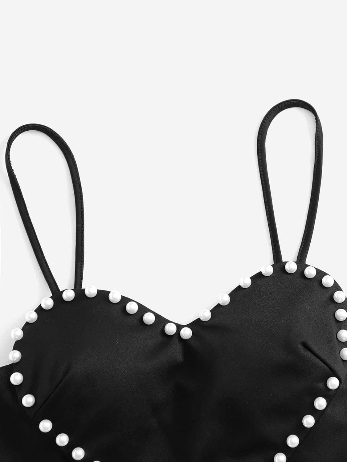 Women's Pearls Sleeveless Asymmetrical Hem Heart Crop Cami Top Sexy Camisole