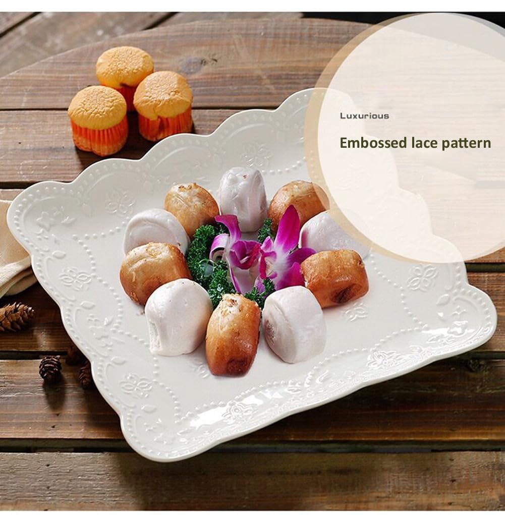 Elegant Square Embossed Lace Plate Bone China Dessert Plate Ceramic Plate Afternoon Tea
