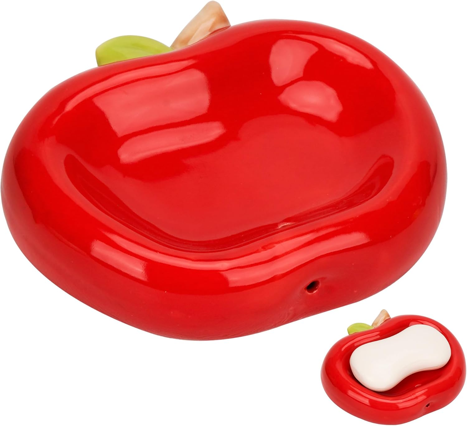 Red Apple Shaped Ceramic Soap Dish, Cute Soap Holder with Drainage Holes, No Lid Sink Side Soap Tray for Bathroom & Kitchen Countertop