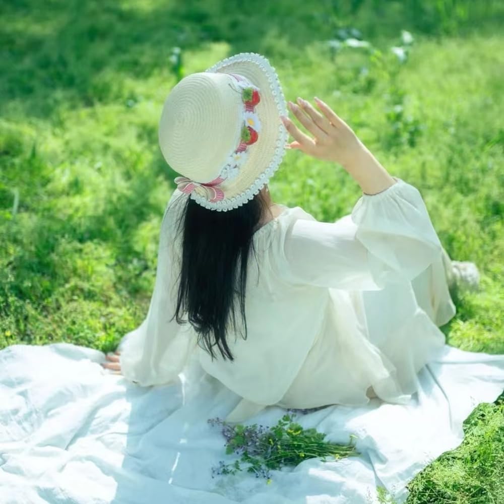 Lolita Strawberry Straw Hat for Women Teens Summer Outdoor Fashionable Wide Brim Beach Sun Hats UV Protection