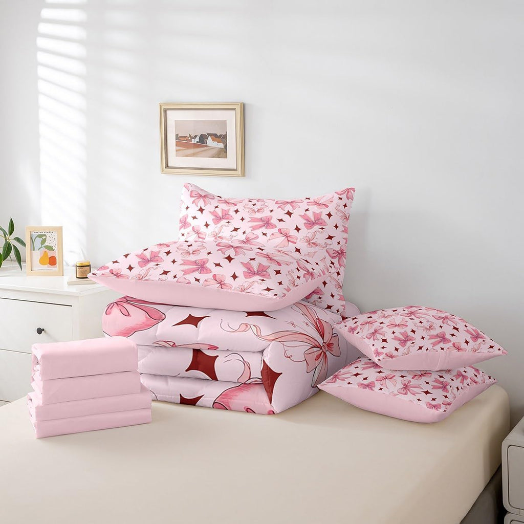 Princess Style Pink Bowknot Comforter Bedding Set, Bow Tie Pink White Dreamy Fairy Tale Bow (Comforter+Fitted+Flat Sheet+2 Pillowcases+2 Throw Pillow Covers) 7 Pieces Bed Set