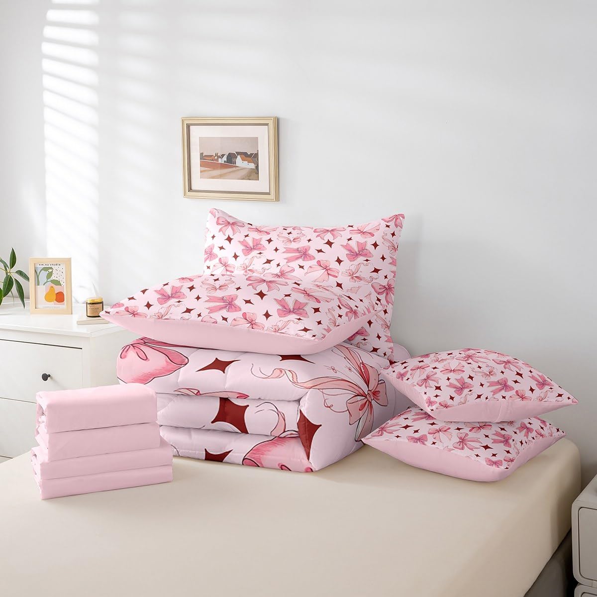 Princess Style Pink Bowknot Comforter Bedding Set, Bow Tie Pink White Dreamy Fairy Tale Bow (Comforter+Fitted+Flat Sheet+2 Pillowcases+2 Throw Pillow Covers) 7 Pieces Bed Set