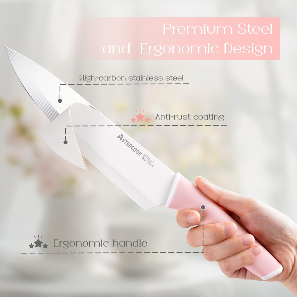 Colorful Kitchen Knives Set with Block and Sharpener Ceramic Coating 15 Pcs German Stainless Steel Knives Sharp Blade Dishwasher Safe Knife Block Set with Ergonomic Handle