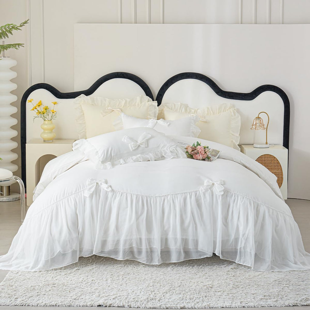 Ruffle Duvet Cover Bedding Set with Bowtie, 2 Pieces Comforter Cover Set with Zipper Closure with Pillowcase
