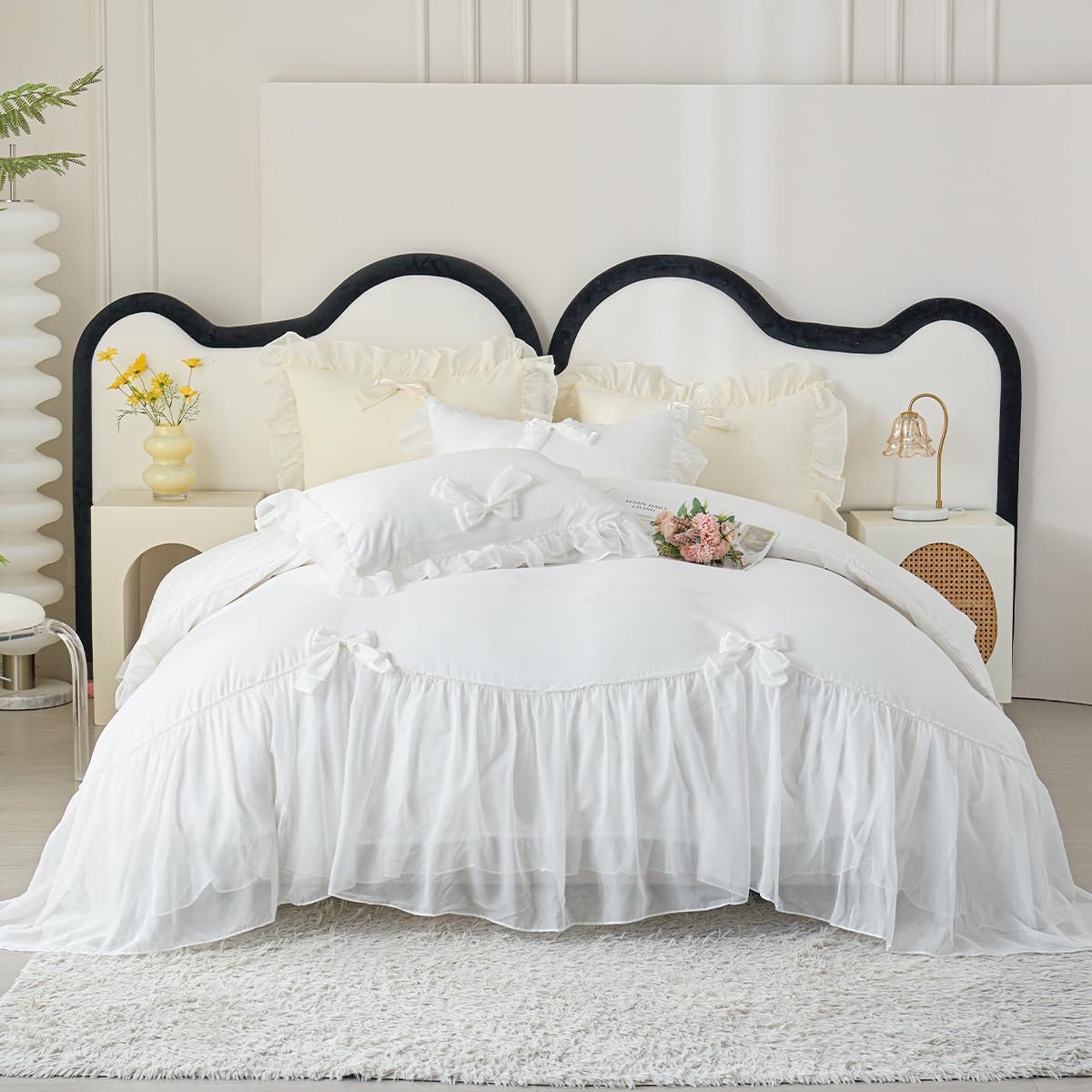 Ruffle Duvet Cover Bedding Set with Bowtie, 2 Pieces Comforter Cover Set with Zipper Closure with Pillowcase