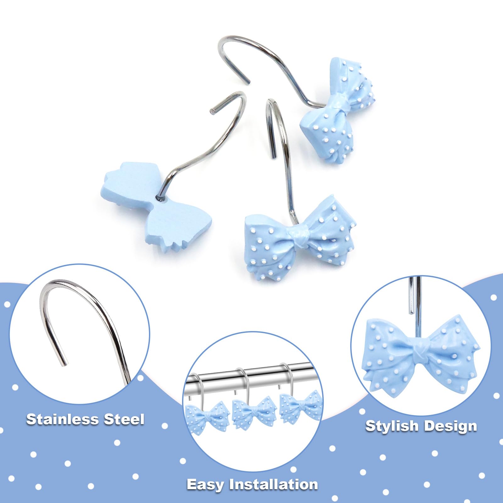 Decorative l Cute Bow Knot Polka Dots Shower Curtain Rings Decor Resin 12 Pcs