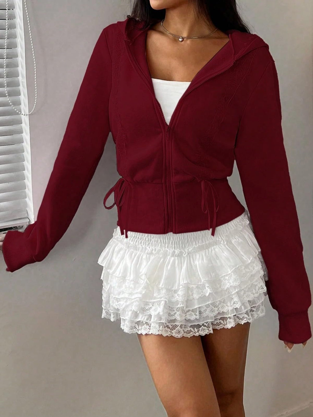 Women's Lace Patchwork Bow Zip-Up Crop Hoodie â€?Y2K Coquette Fleece Casual Hooded Sweatshirt