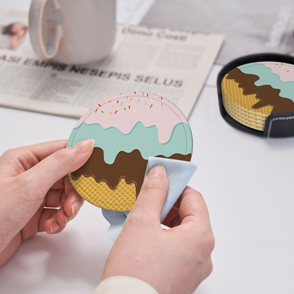 Coasters for Drinks Round Leather Coaster with Holder Set of 6 for Tabletop Protection