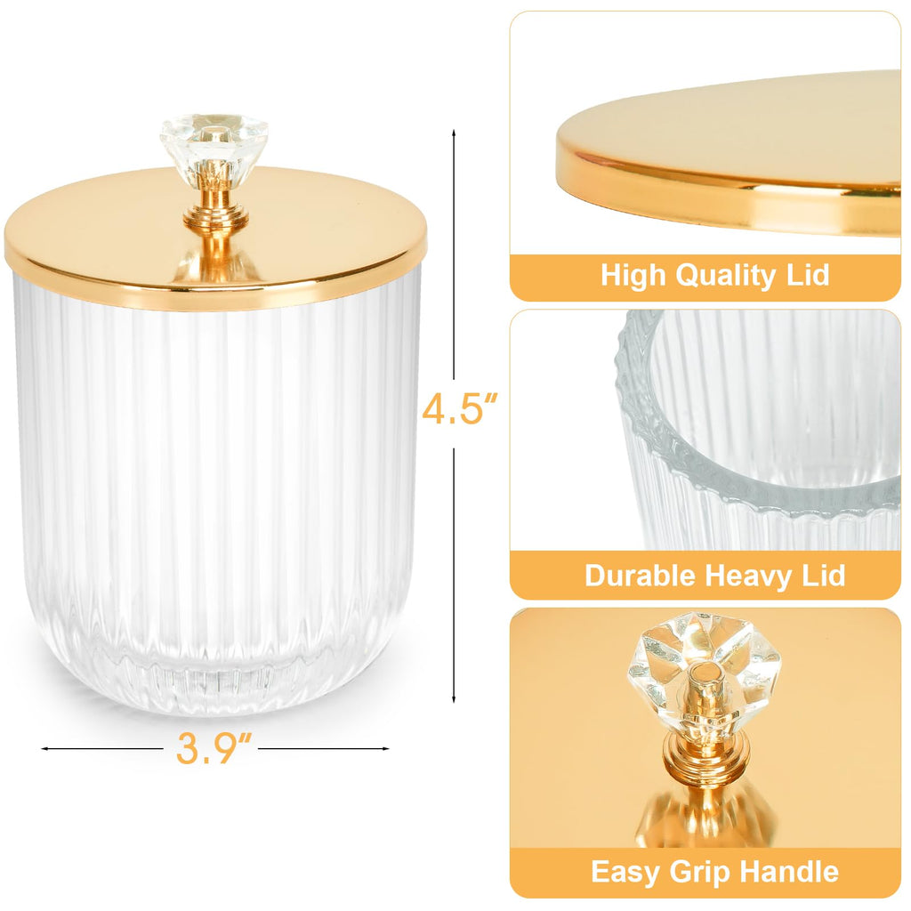 Cute Glass Apothecary Jars with Lid, Pink Cotton Ball Pad Round Container Holders and Vanity Canister Storage Jar for Makeup Sponges, Floss, Hair Accessories 2 Pack