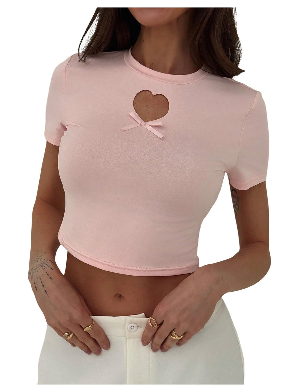 Women's Y2k Crop Tops Short Sleeve Shirts Heart Cutout Bowknot Fitted Going Out T-Shirt