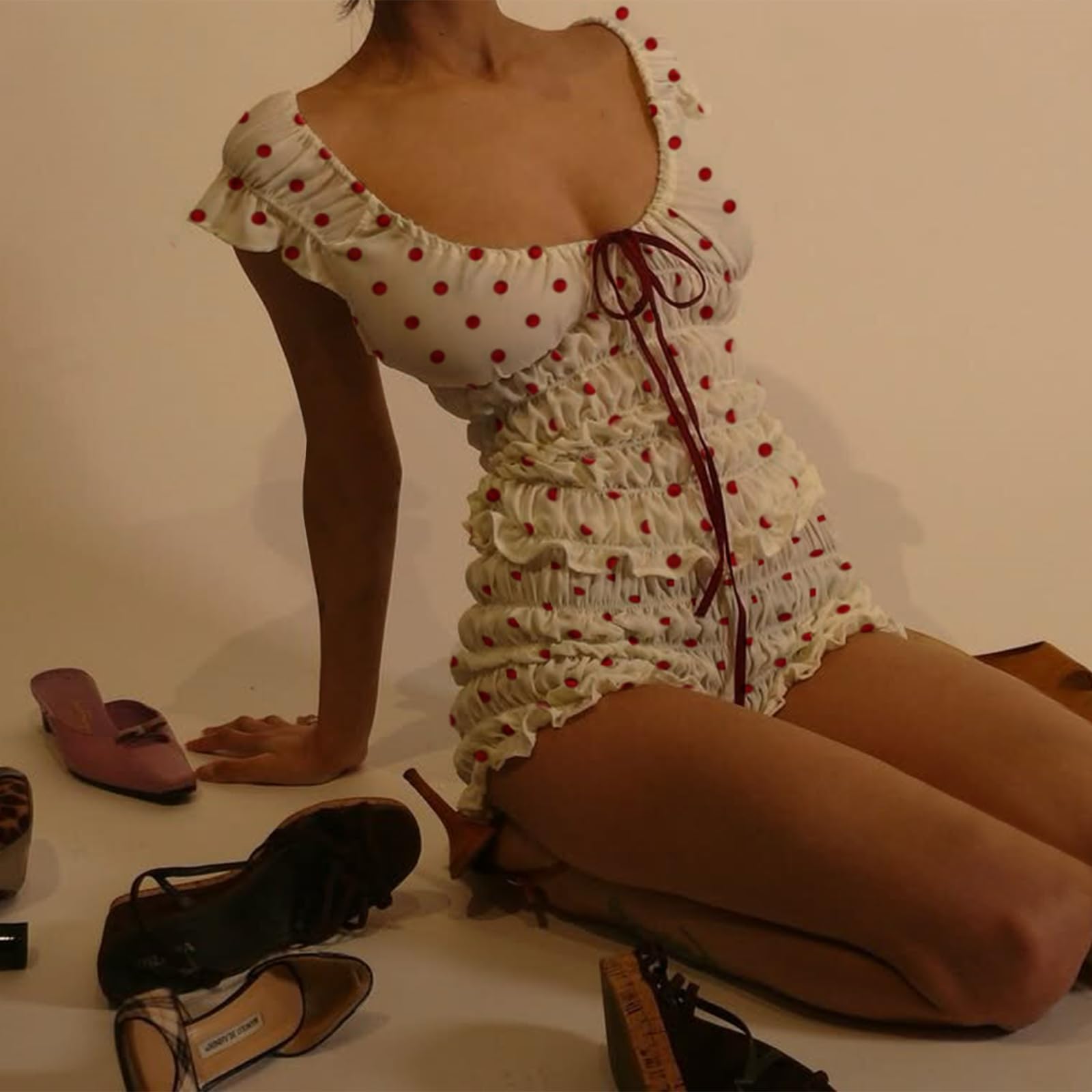 Women's Sexy Ruffle 2 Piece Sets Short Sleeve Bow Tie Front Crop Tops and Smocked Ruched Shorts Loungewear