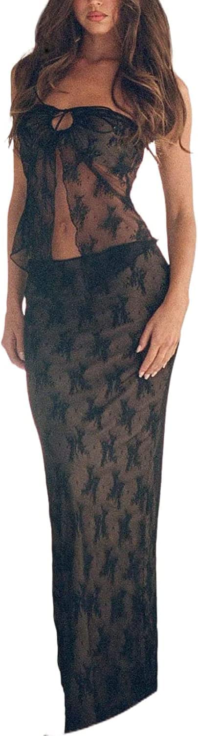 Vintage Lace Maxi Skirt Set Women 2 Piece Outfit Strapless Split Tube Top and Maxi Skirt Set