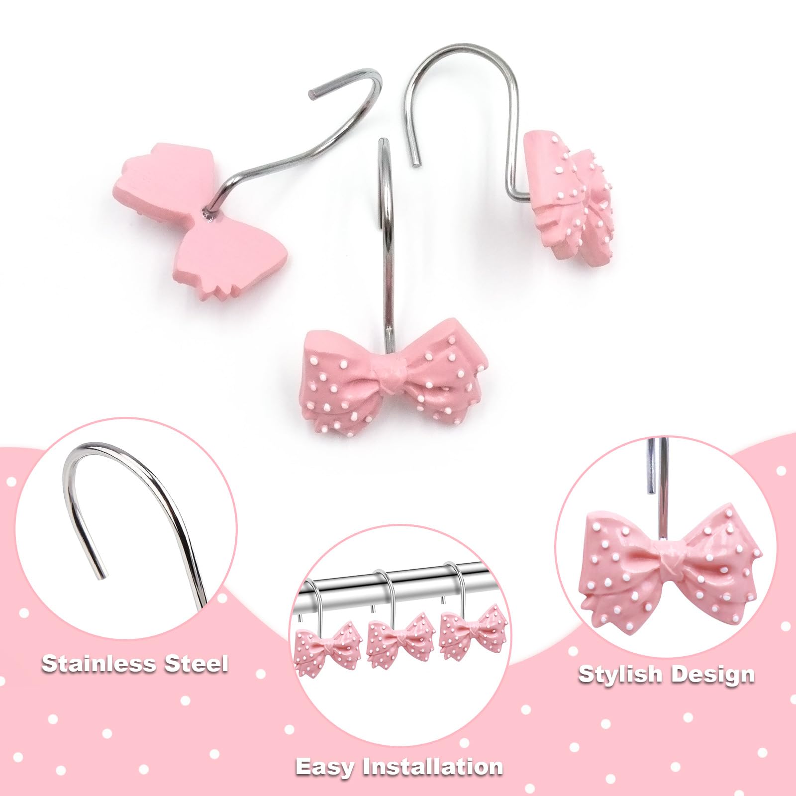Decorative l Cute Bow Knot Polka Dots Shower Curtain Rings Decor Resin 12 Pcs